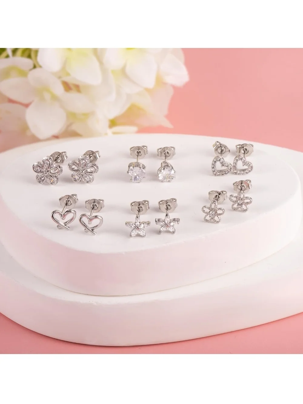 Sterling Silver CZ Flower & Heart Earring Set - Silver